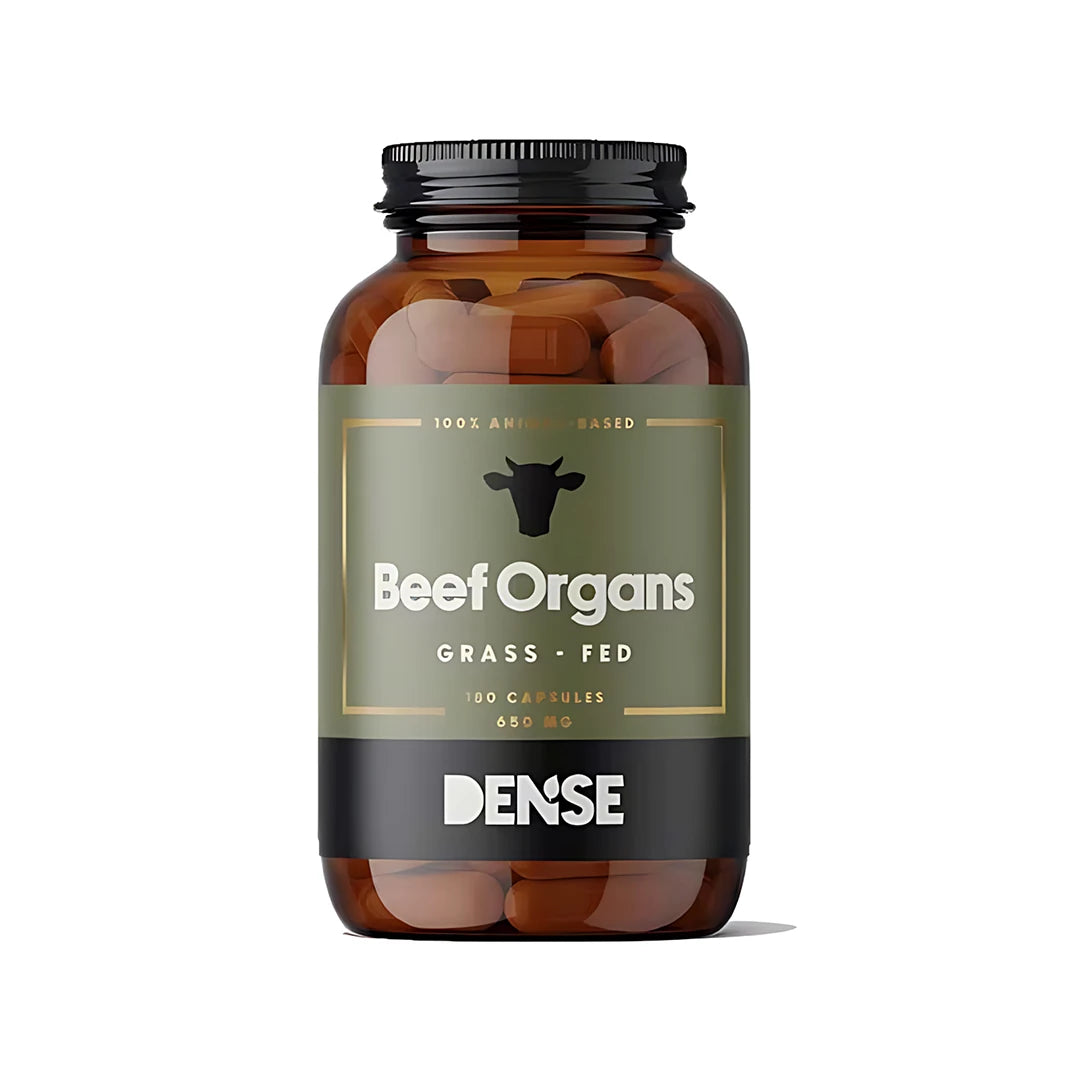Dense Beef Organs 180 caps multivitaminkapslar förpackade i en mörkbrun burk med grön och svart etikett.