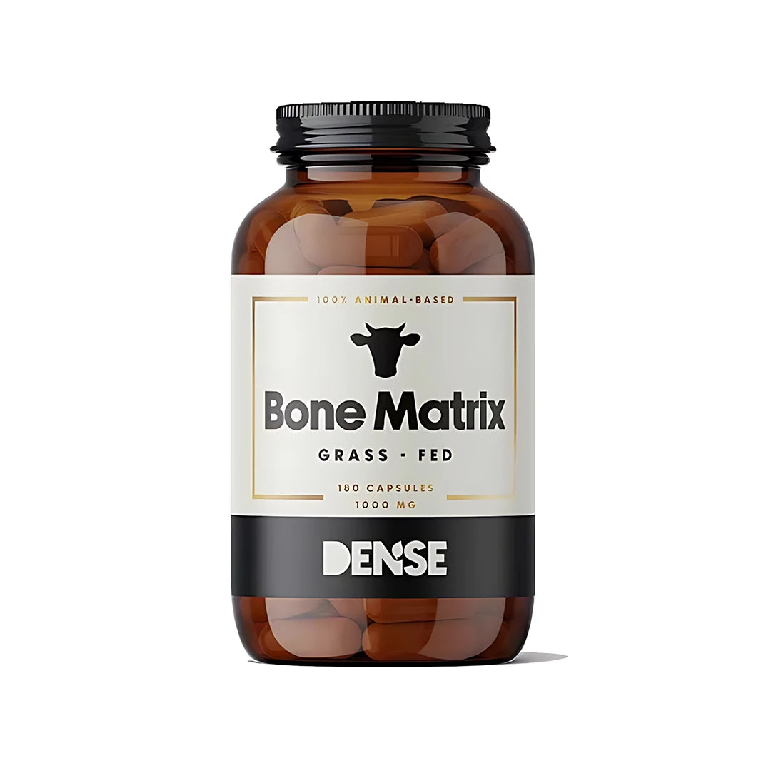 Dense Bone Matrix 180 caps kalciumtillskott i en mörkbrun burk med vit och svart etikett och gulddetaljer.