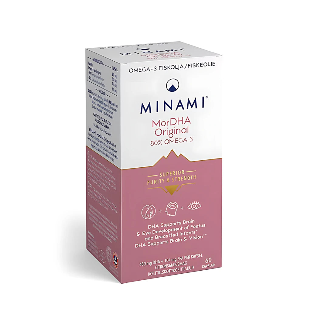 Minami MorEPA Original 80% 60 caps, ett omega-3-tillskott förpackat i en vit och lilarosa kartong med text om hjärnans och synens utveckling.