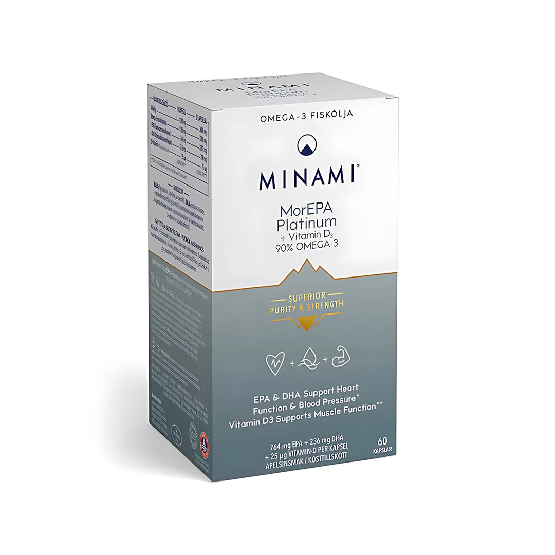 Minami MorEPA Platinum 90% 60 caps omega-3 fiskolja, förpackad i en vit och grå kartong med gulddetaljer.