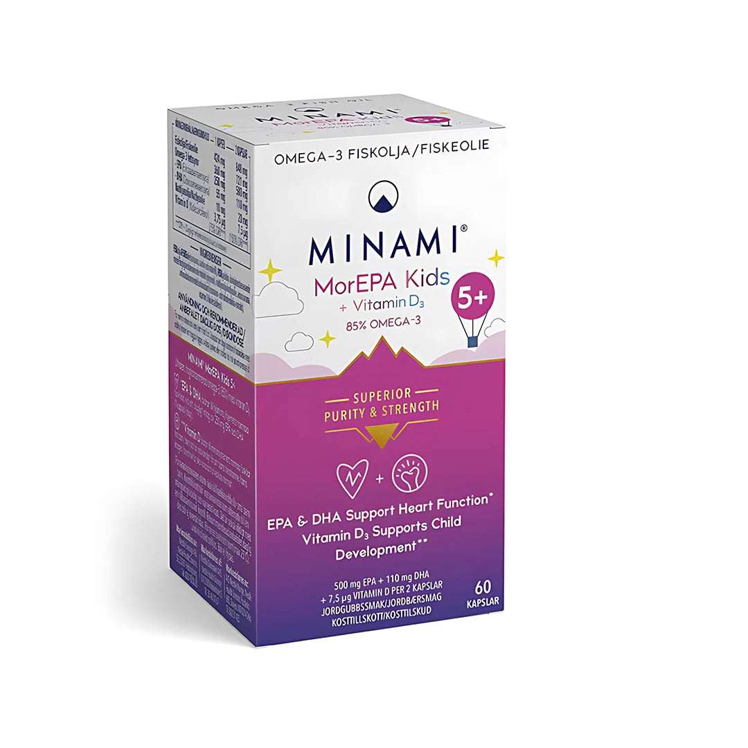 Minami MorEPA Kids 85% 60 caps i en färgstark kartong, ett omega-3 kosttillskott för barn med jordgubbssmak.