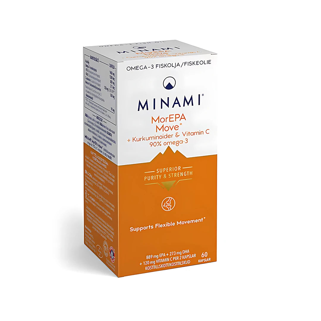 Minami MorEPA Move 90% 60 caps omega-3-kapslar förpackade i en vit och orange pappask.