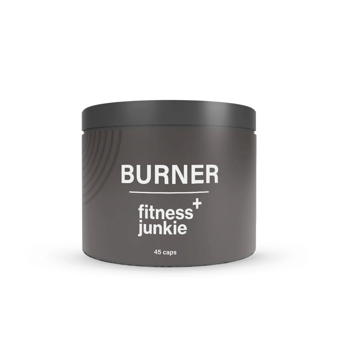 fitnessjunkie Burner 45 caps fettförbrännare i en mörkgrå burk med vit text.