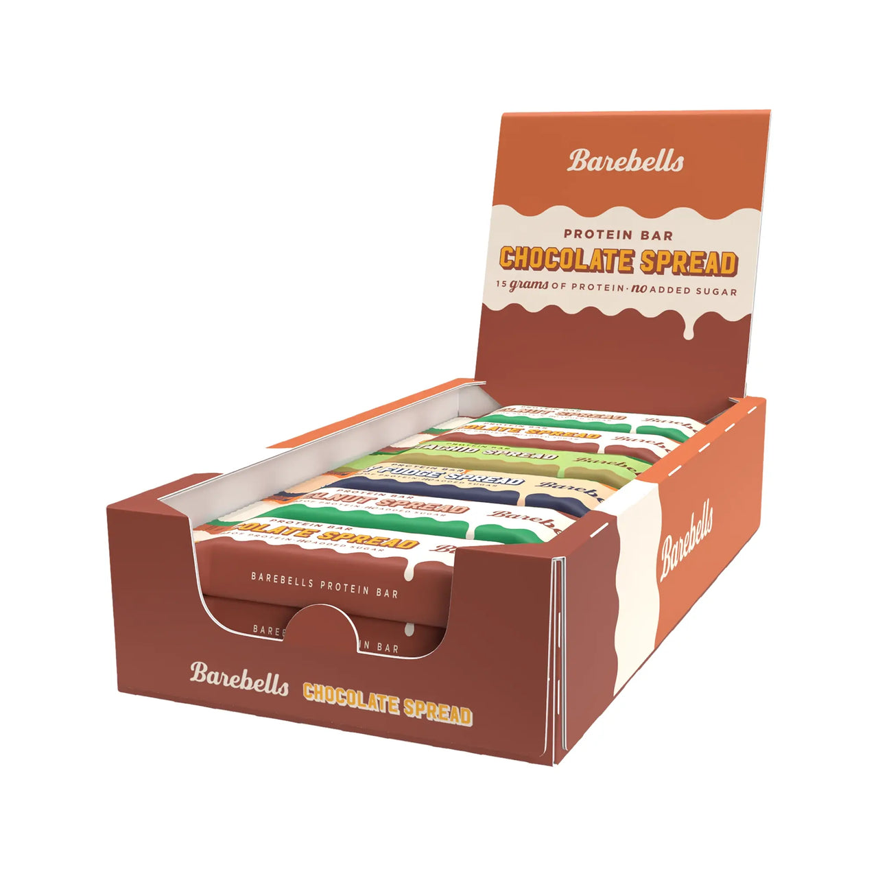 12 x Barebells Protein Bar Spread 45 g Mixlåda i en brun och orange displaykartong fylld med proteinbars i olika smaker.