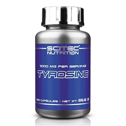 Scitec Nutrition Tyrosine 100 caps kosttillskott i en silverfärgad burk med blå etikett och blankt lock.