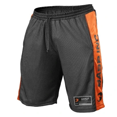 Gasp No1 Mesh Shorts Black &amp; Flame, svarta träningsshorts i mesh med orangea sidopaneler och dragsko i midjan., bild 2 av 6