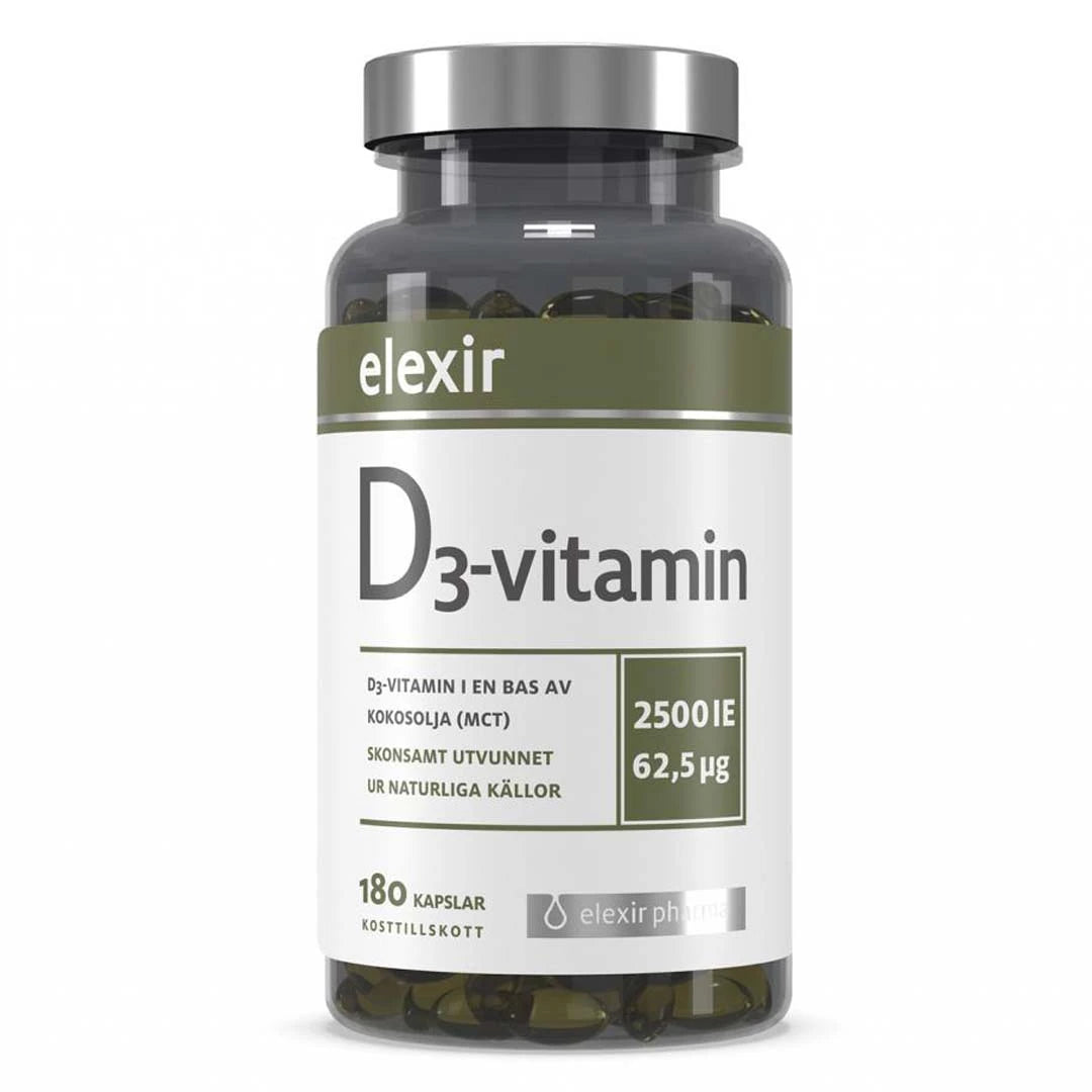 Elexir Pharma D3 Vitamin 2500IE 180 caps kosttillskott i en mörk burk med silverlock och vit etikett.