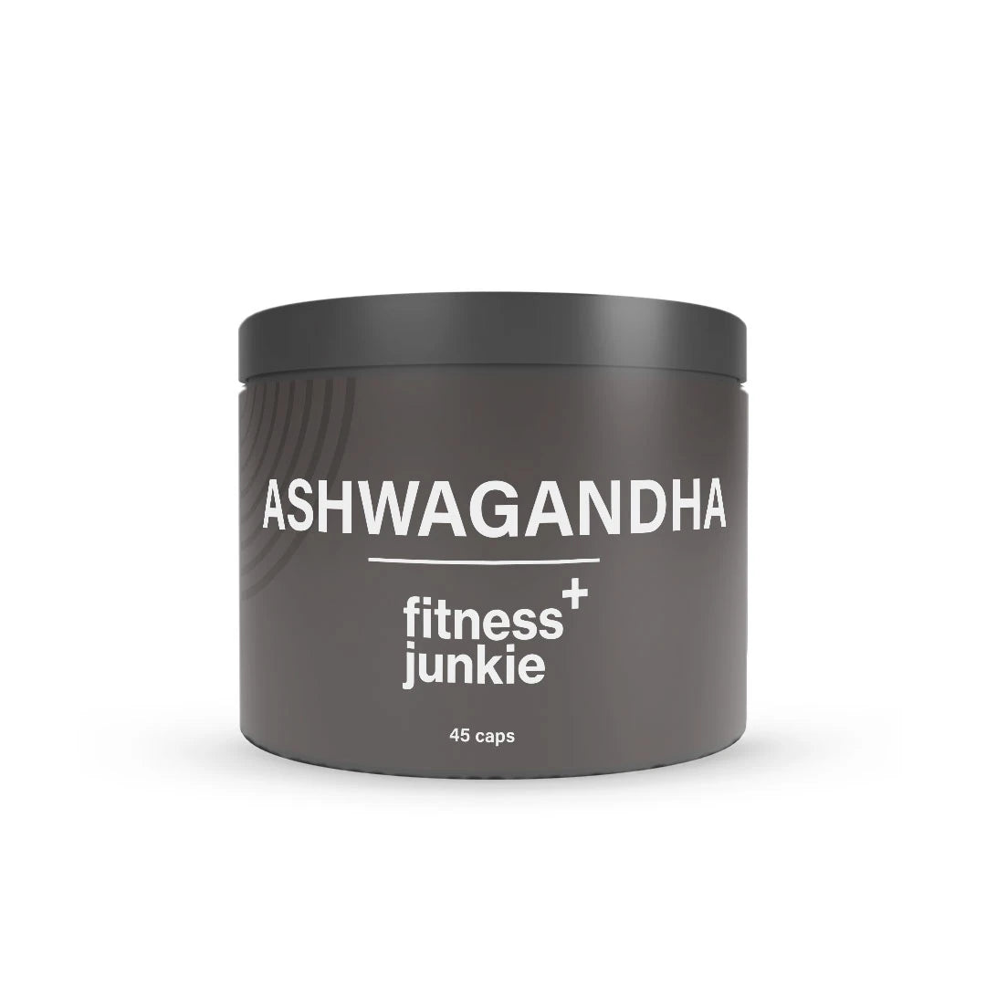 fitnessjunkie Ashwagandha 45 caps i en stilren mörkgrå burk med vit text, för naturlig stresshantering.