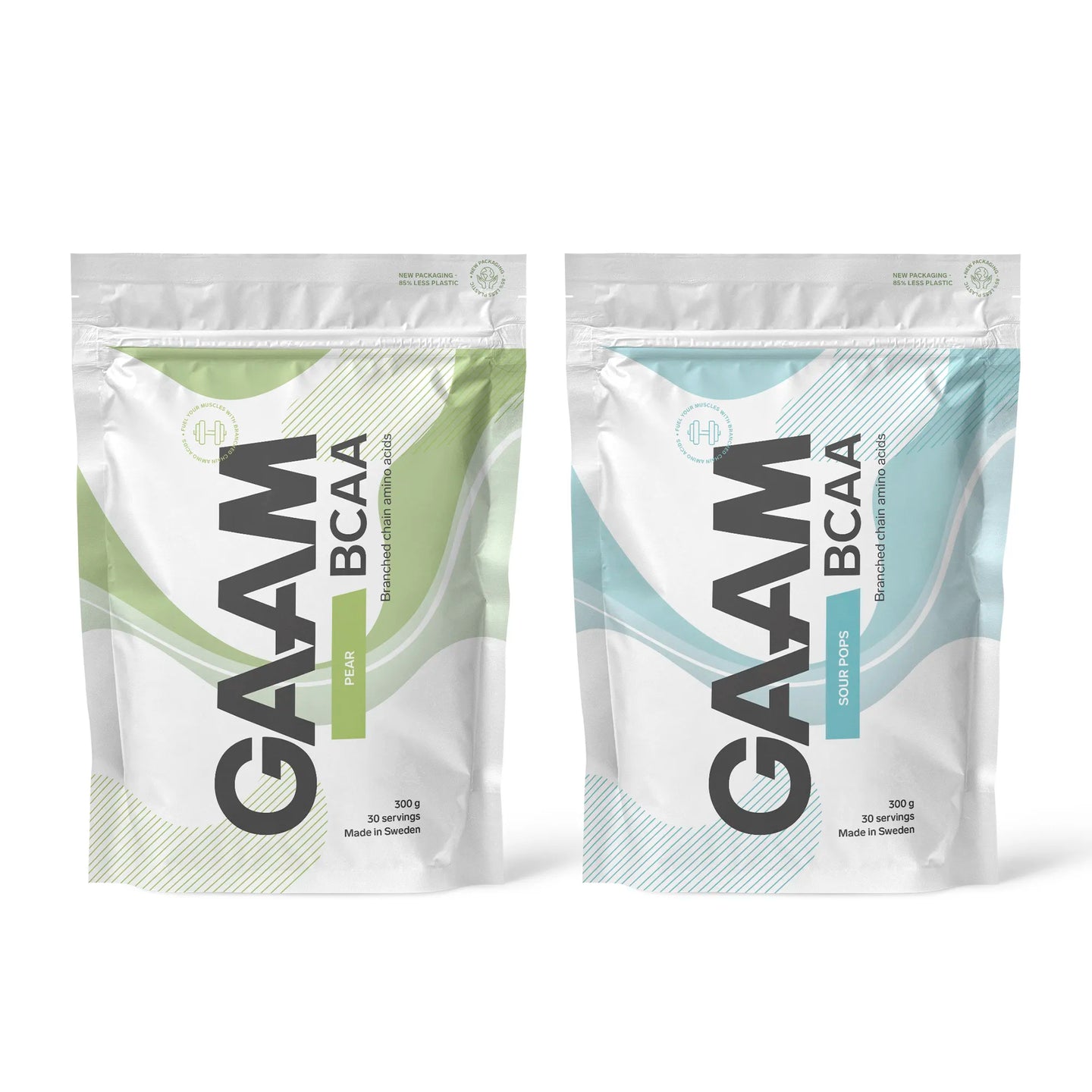 2 x GAAM BCAA 300 g i två vita påsar med gröna och blåa detaljer för smakerna Pear och Sour Pops.