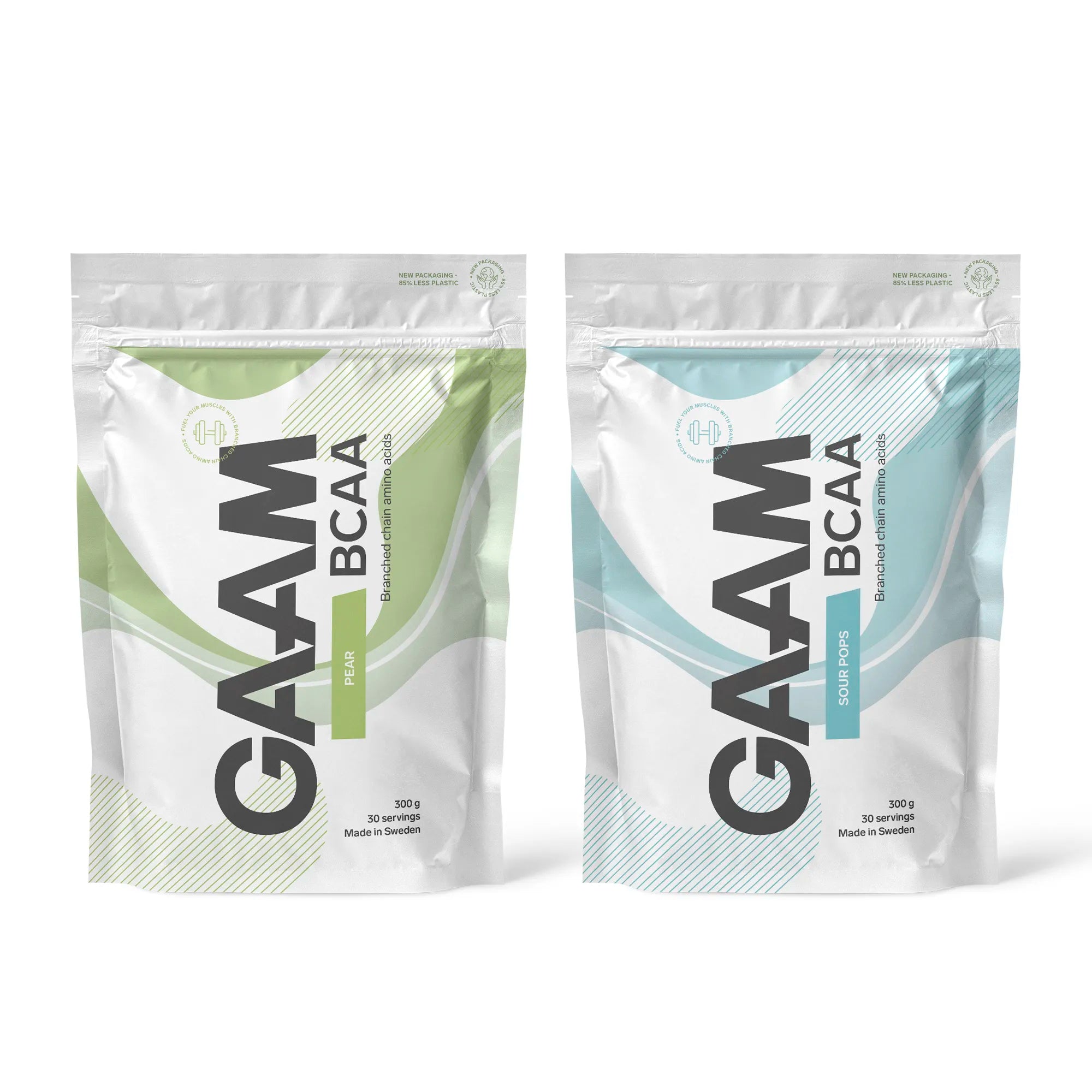 2 x GAAM BCAA 300 g i två vita påsar med gröna och blåa detaljer för smakerna Pear och Sour Pops.