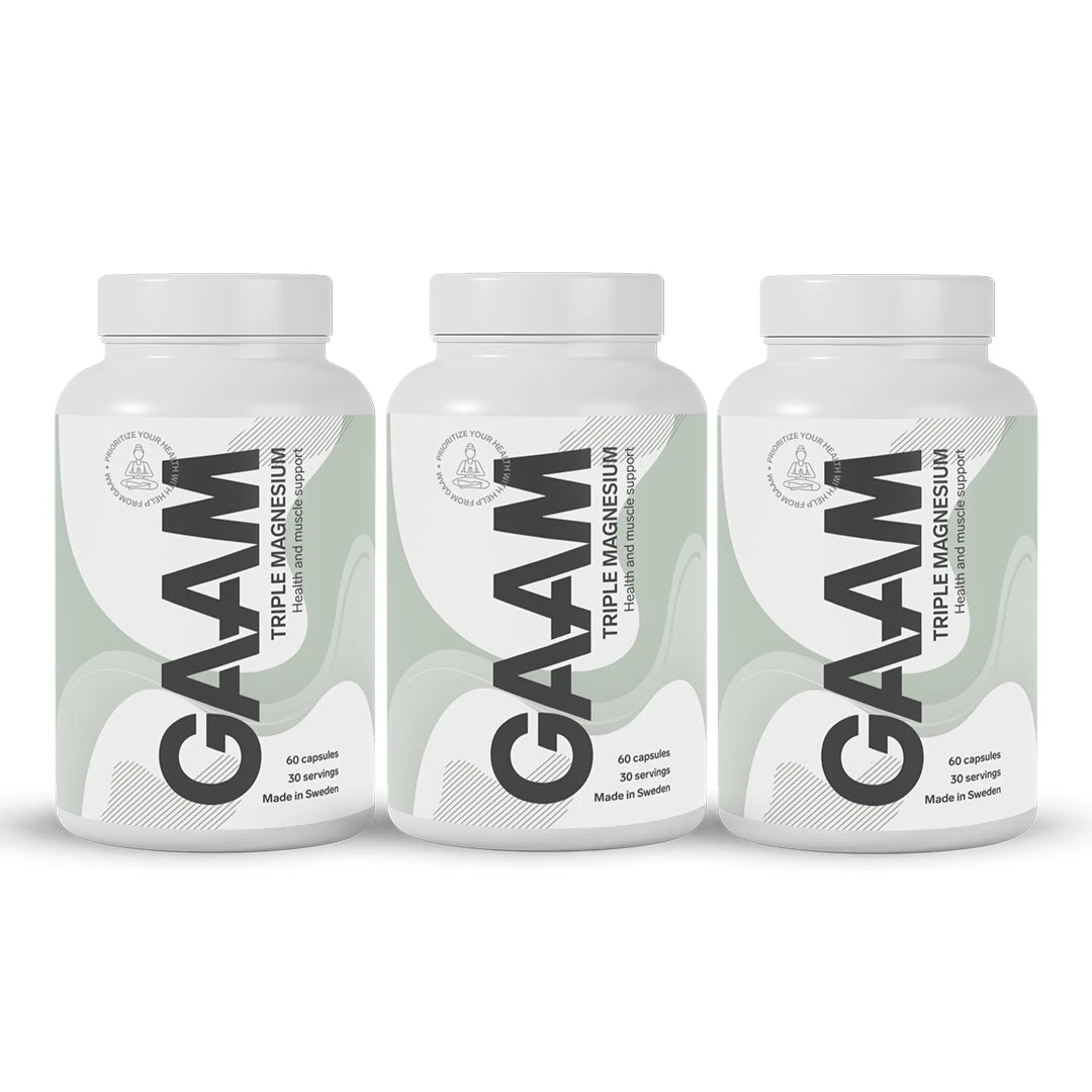 3 x GAAM Triple Magnesium 60 caps i tre vita burkar med grågröna och svarta detaljer för muskelsupport.