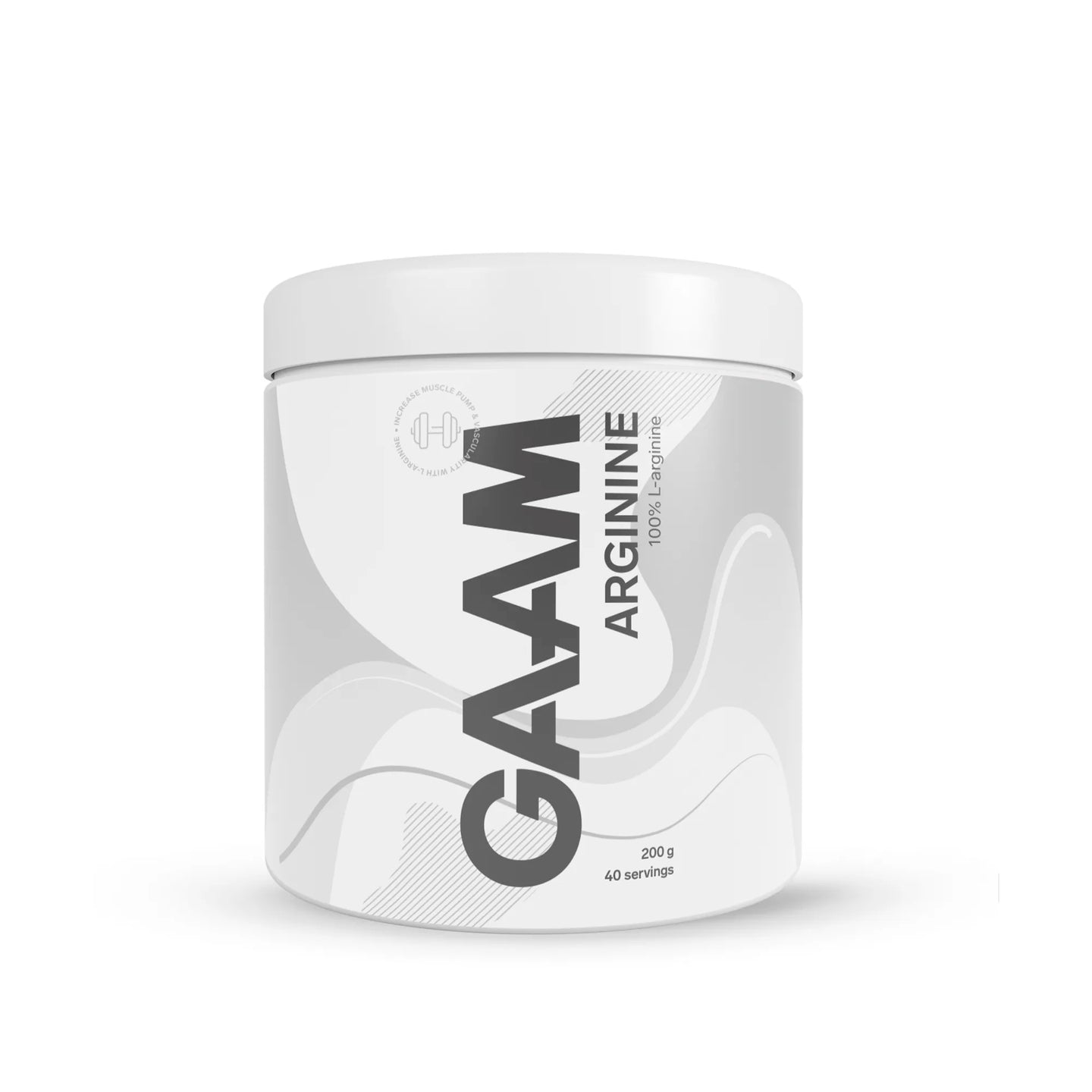 GAAM Arginine 200 g aminosyra i pulverform förpackad i en vit burk med ljusgrå detaljer.