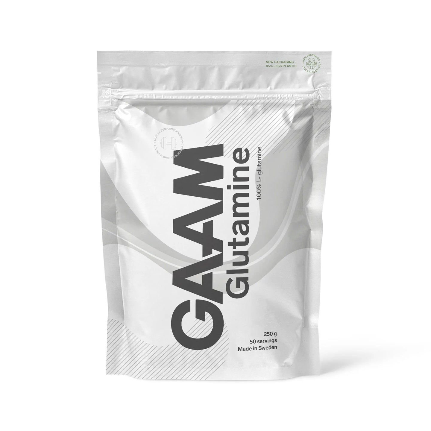 GAAM Glutamine 250 g rent L-glutamin i pulverform, förpackad i en vit påse med grå detaljer.