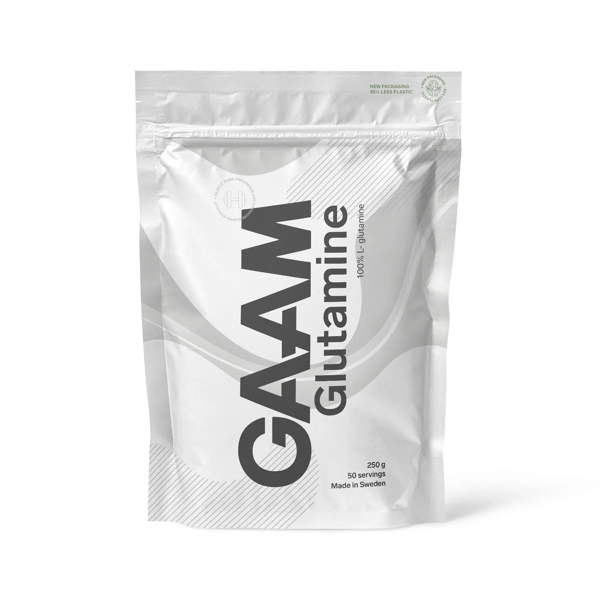 GAAM Glutamine 250 g rent L-glutamin i pulverform, förpackad i en vit påse med grå detaljer.