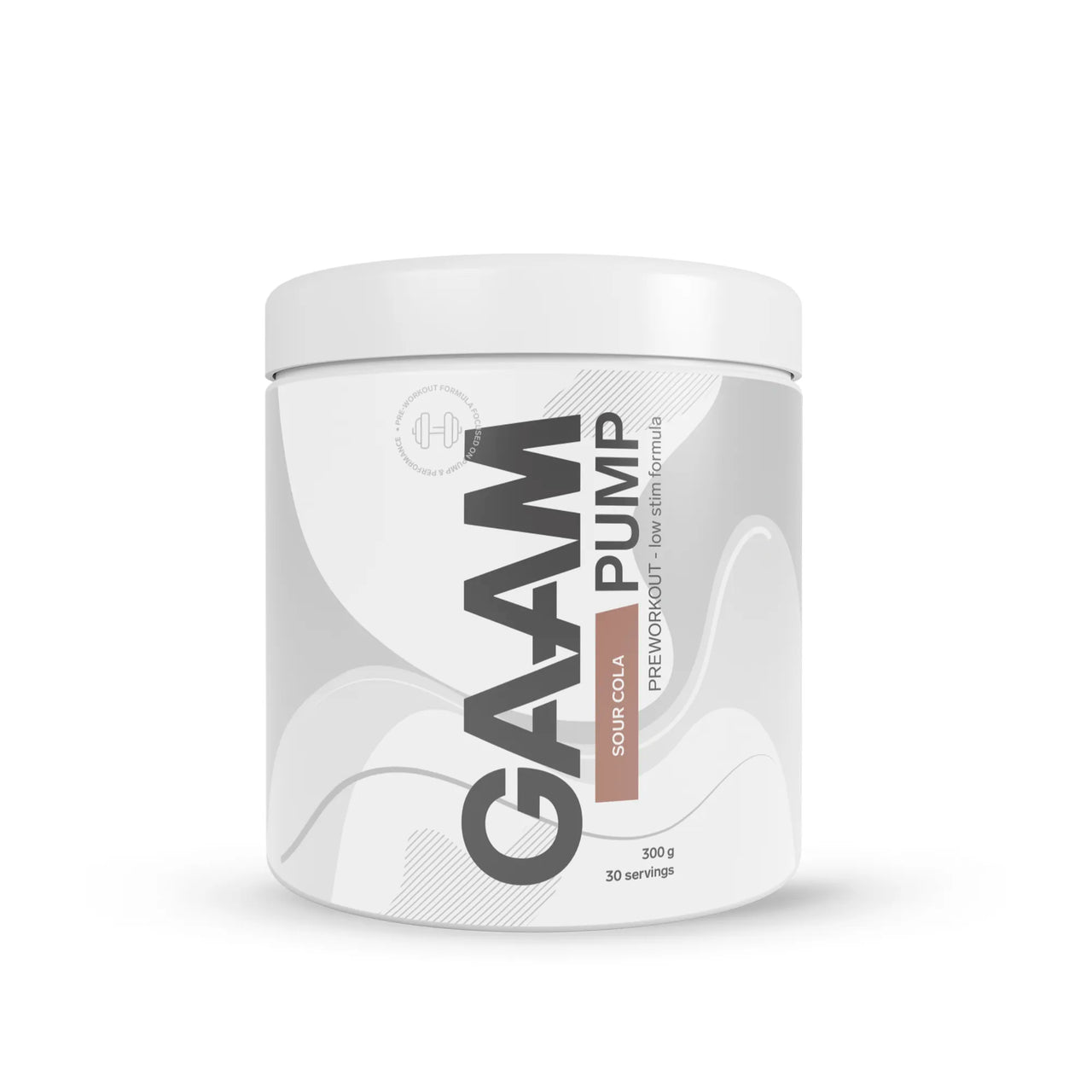 GAAM PUMP 300 g PWO-pulver i en vit och grå burk med bruna detaljer för smaken Sour Cola.