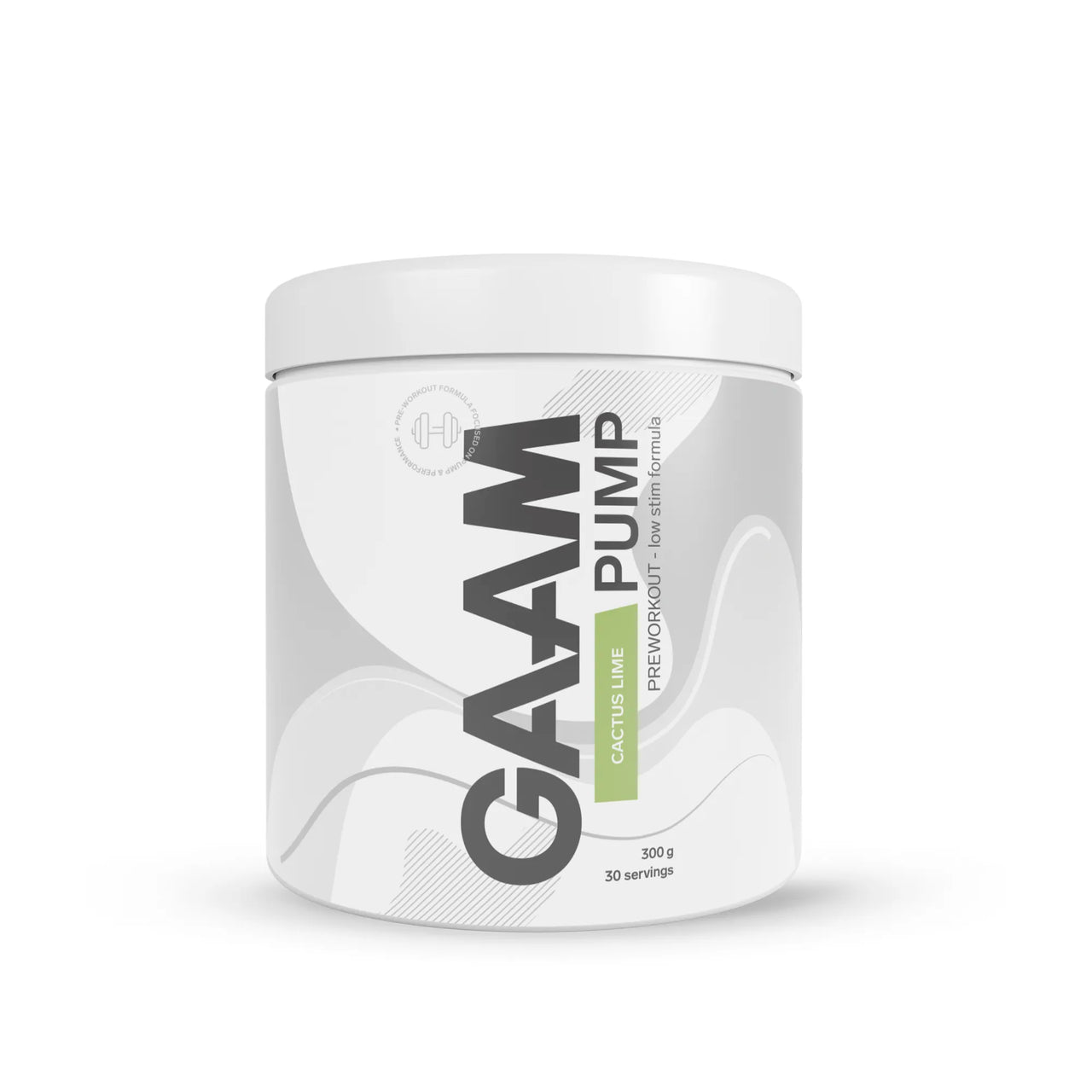 GAAM PUMP 300 g pre-workout i en vit burk med grått mönster och ljusgröna detaljer för smaken Cactus Lime.