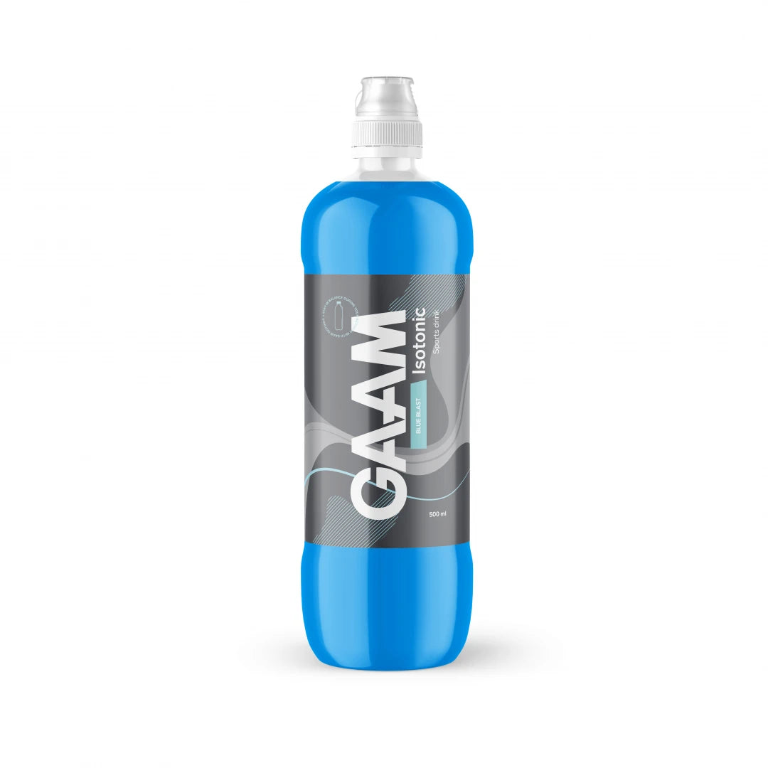 GAAM Isotonic 500 ml sportdryck i en plastflaska med stark blå vätska och grå etikett, smak Blue Blast.