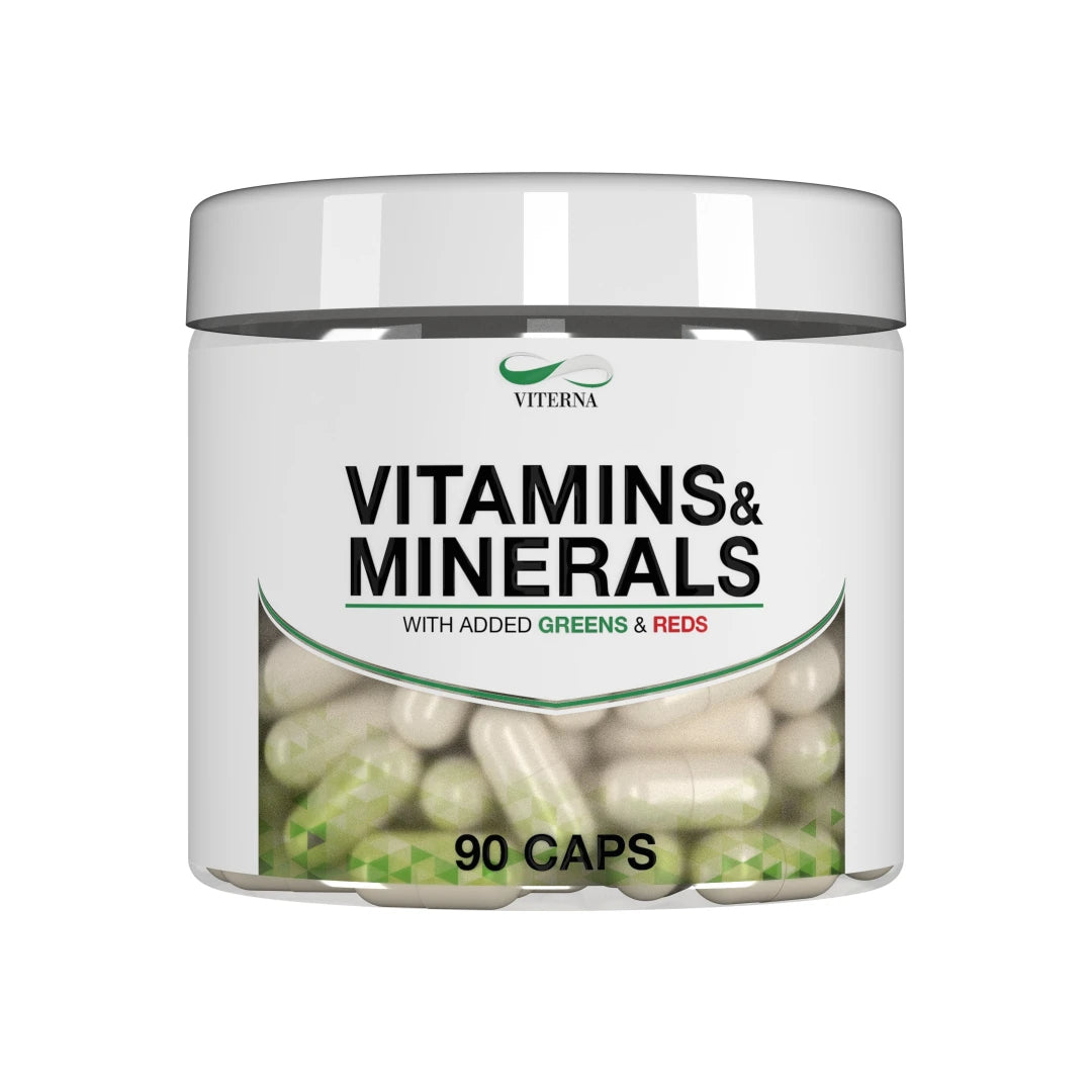 Viterna Vitamins & Minerals 90 caps multivitamin i en vit burk med synliga kapslar och gröna detaljer.
