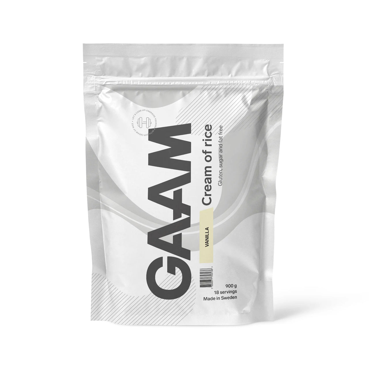 GAAM Cream of Rice 900 g kolhydratspulver i en vit påse med ljusgula detaljer för smaken vanilj.