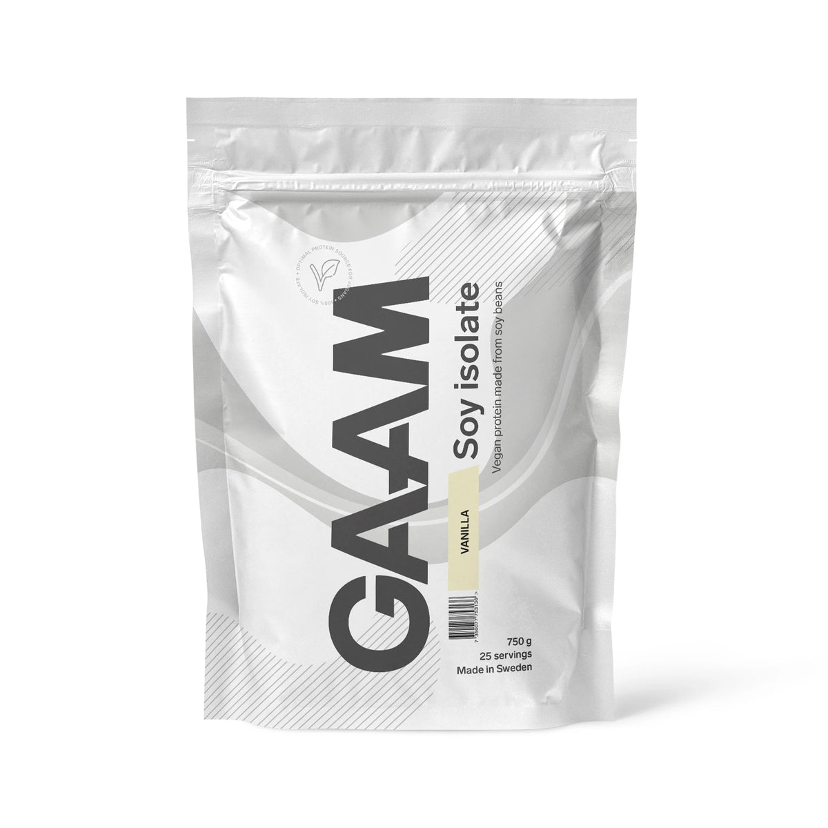 GAAM Soy Isolate 750 g veganskt sojaproteinpulver i en vit påse för smaken Vanilla.