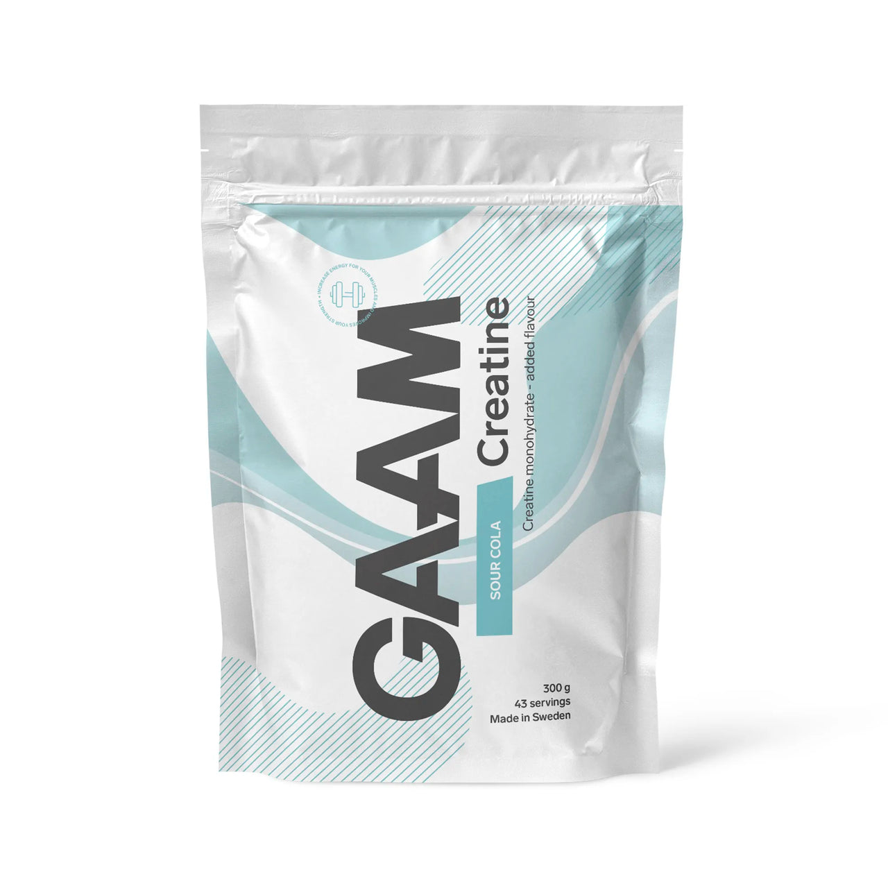 GAAM Creatine 300 g kreatinpulver i en vit påse med ljusblå detaljer för smaken Sour Cola.