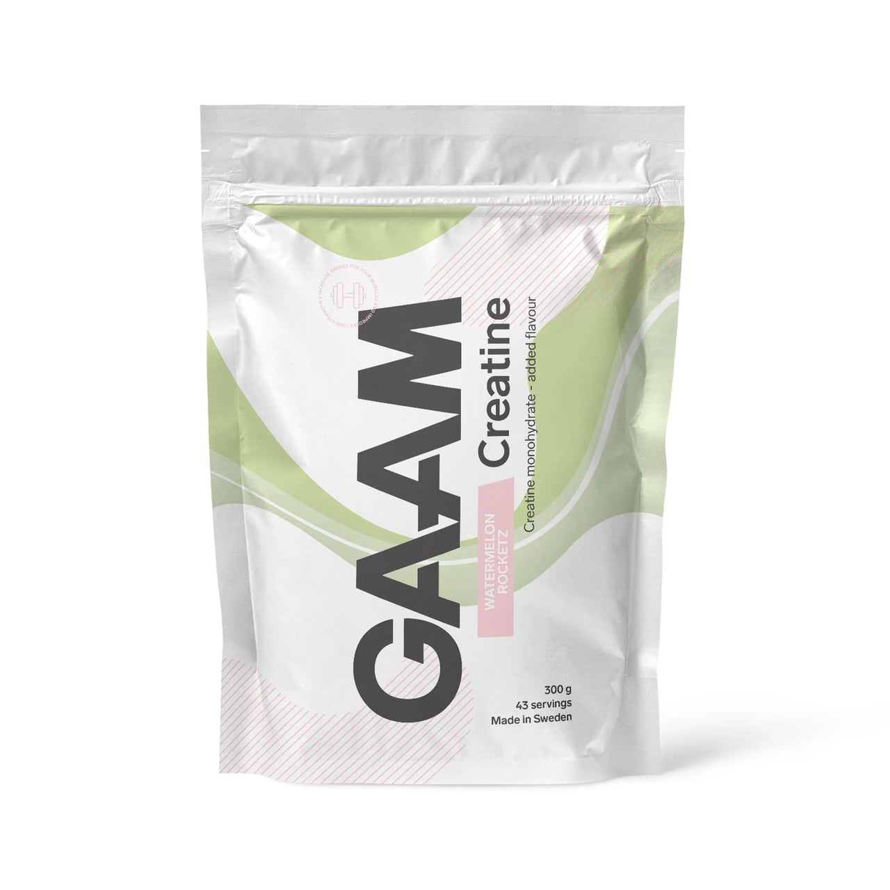 GAAM Creatine 300 g kreatinpulver i en vit påse med gröna detaljer för smaken Watermelon Rocketz.