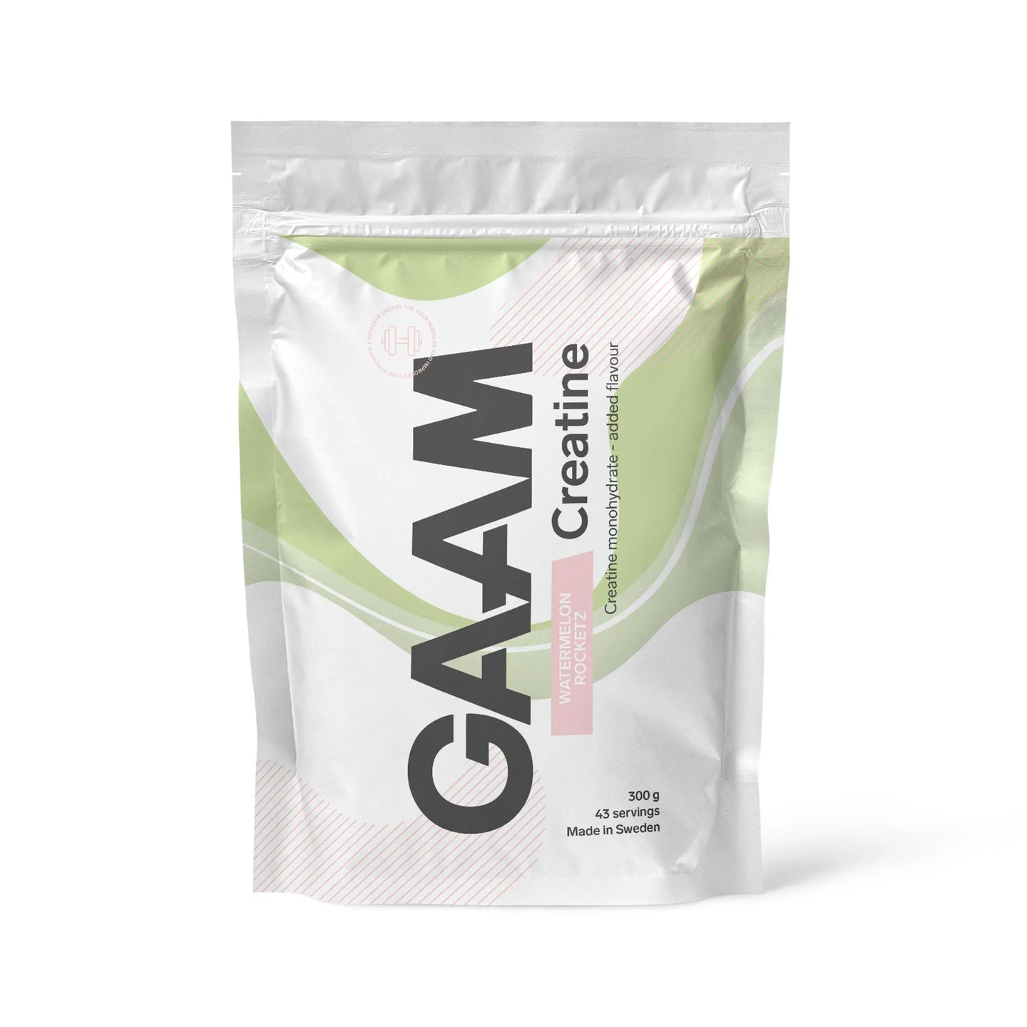 GAAM Creatine 300 g kreatinpulver i en vit påse med gröna detaljer för smaken Watermelon Rocketz., bild 2 av 6