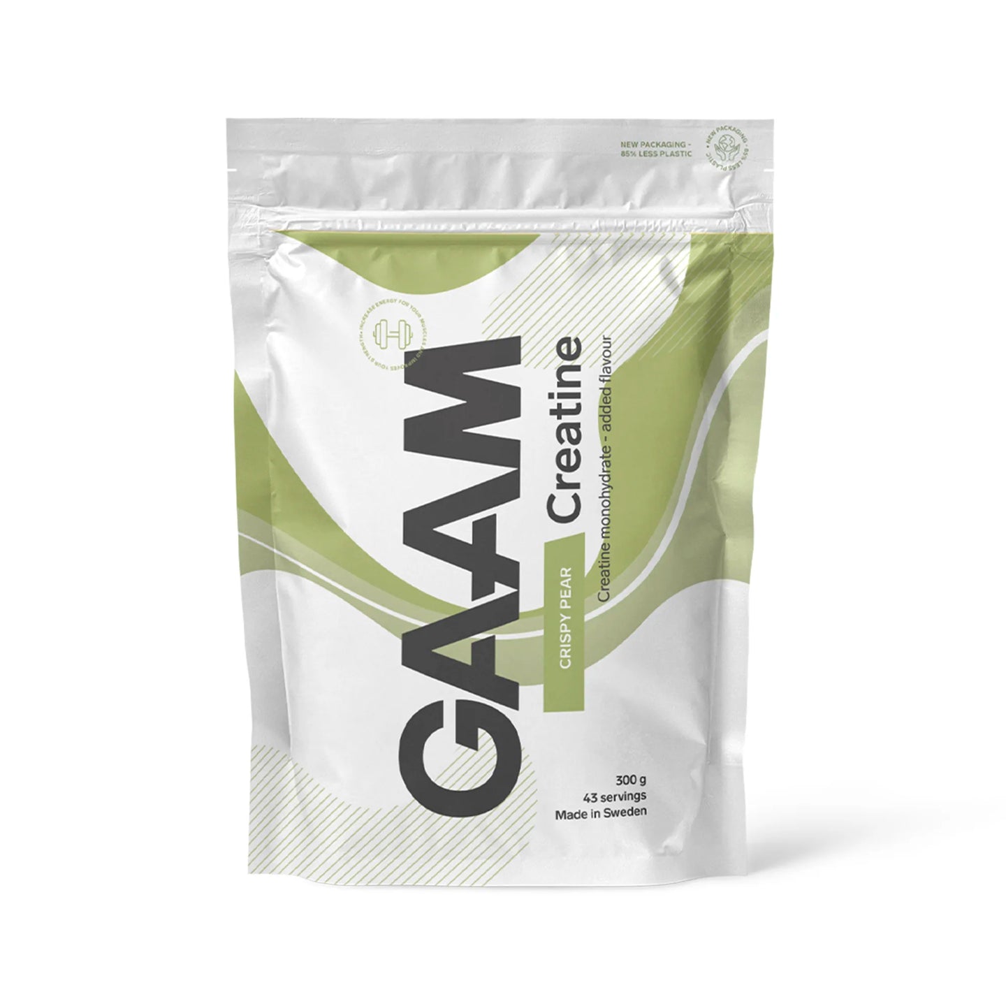GAAM Creatine 300 g kreatinpulver i en vit påse med gröna detaljer för smaken Crispy Pear., bild 4 av 6
