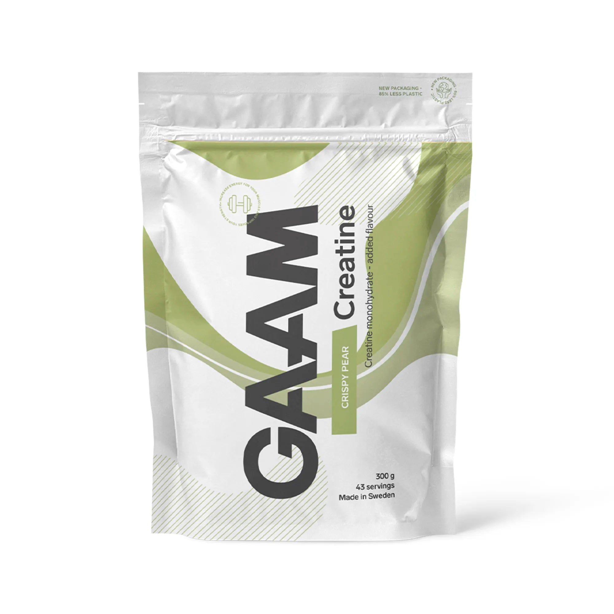 GAAM Creatine 300 g kreatinpulver i en vit påse med gröna detaljer för smaken Crispy Pear., bild 4 av 6