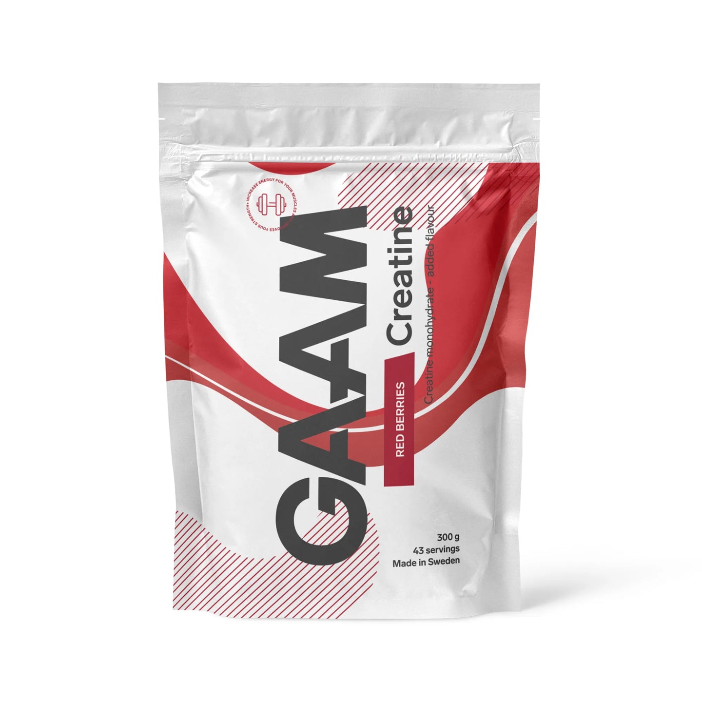 GAAM Creatine 300 g kreatinpulver i en vit påse med röda detaljer för smaken Red Berries., bild 5 av 6