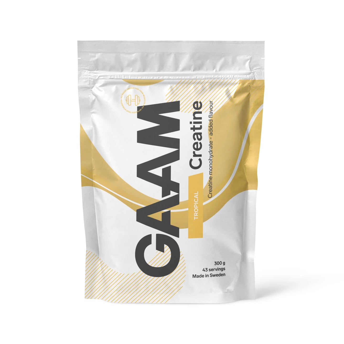 GAAM Creatine 300 g kreatinpulver i en vit påse med gula detaljer för smaken Tropical., bild 6 av 6