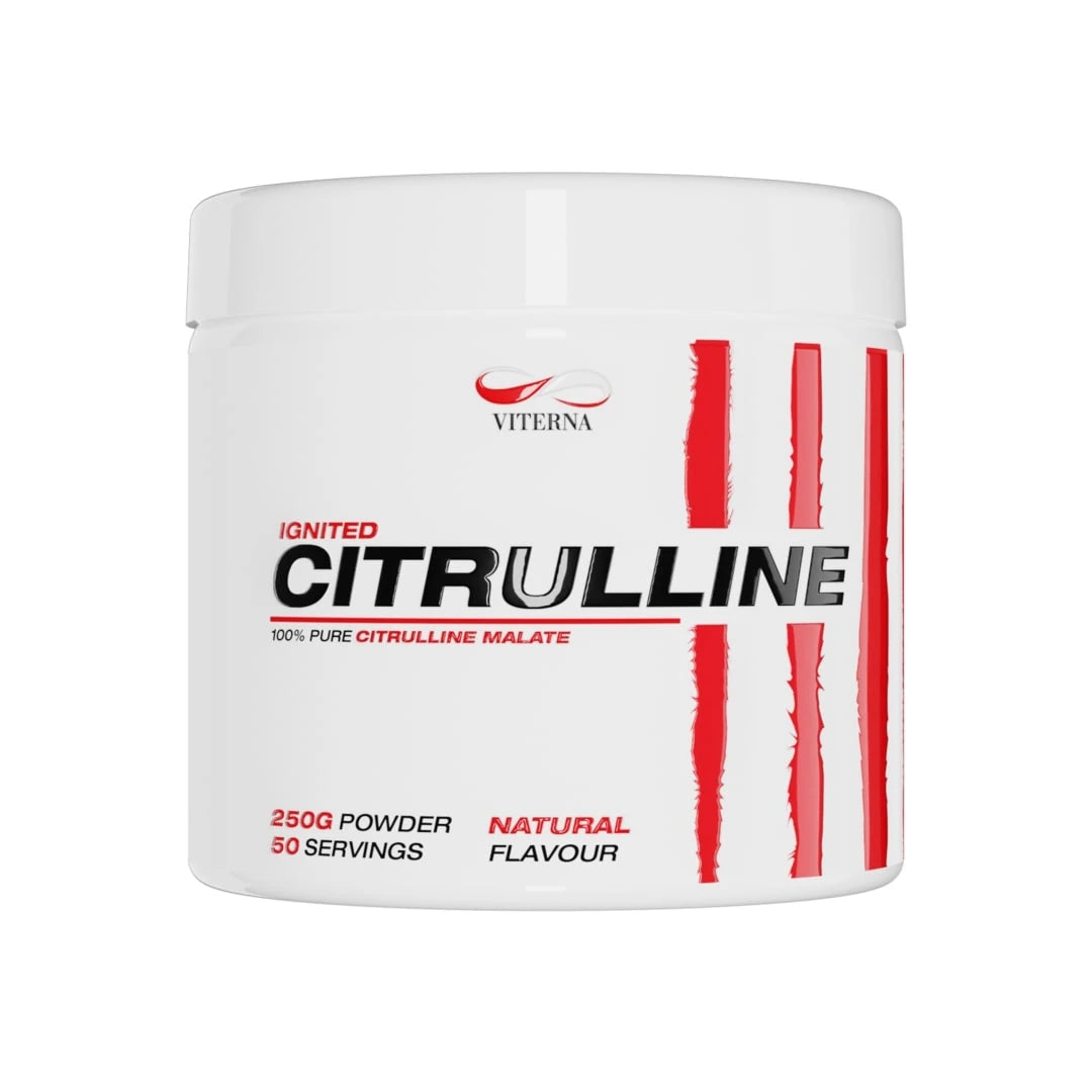 Viterna Citrulline Malate 250 g pulver i en vit burk med röda och svarta detaljer och smaken Naturell.