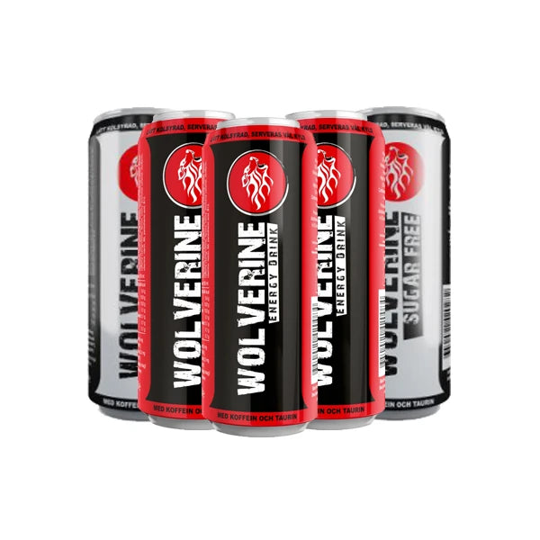24 x Wolverine energy drink 250 ml Mixflak med energidrycksburkar i svart och vitt med röda detaljer.