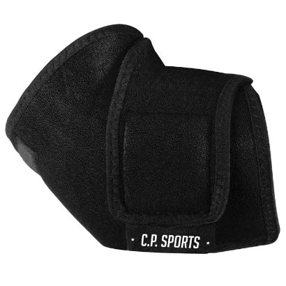 C.P. Sports Elbow Support, ett svart armbågsstöd i neopren med kardborreband för säker träning.