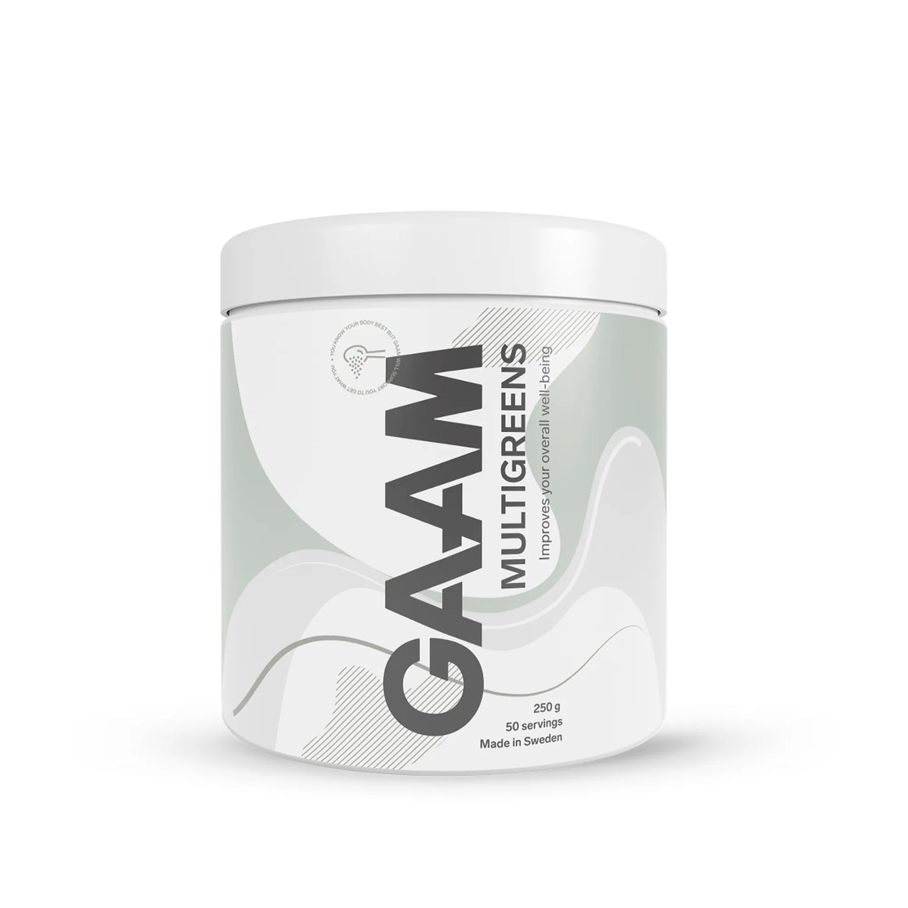 GAAM Multigreens 250 g greenspulver i en stilren vit burk med ljusgröna och grå detaljer.