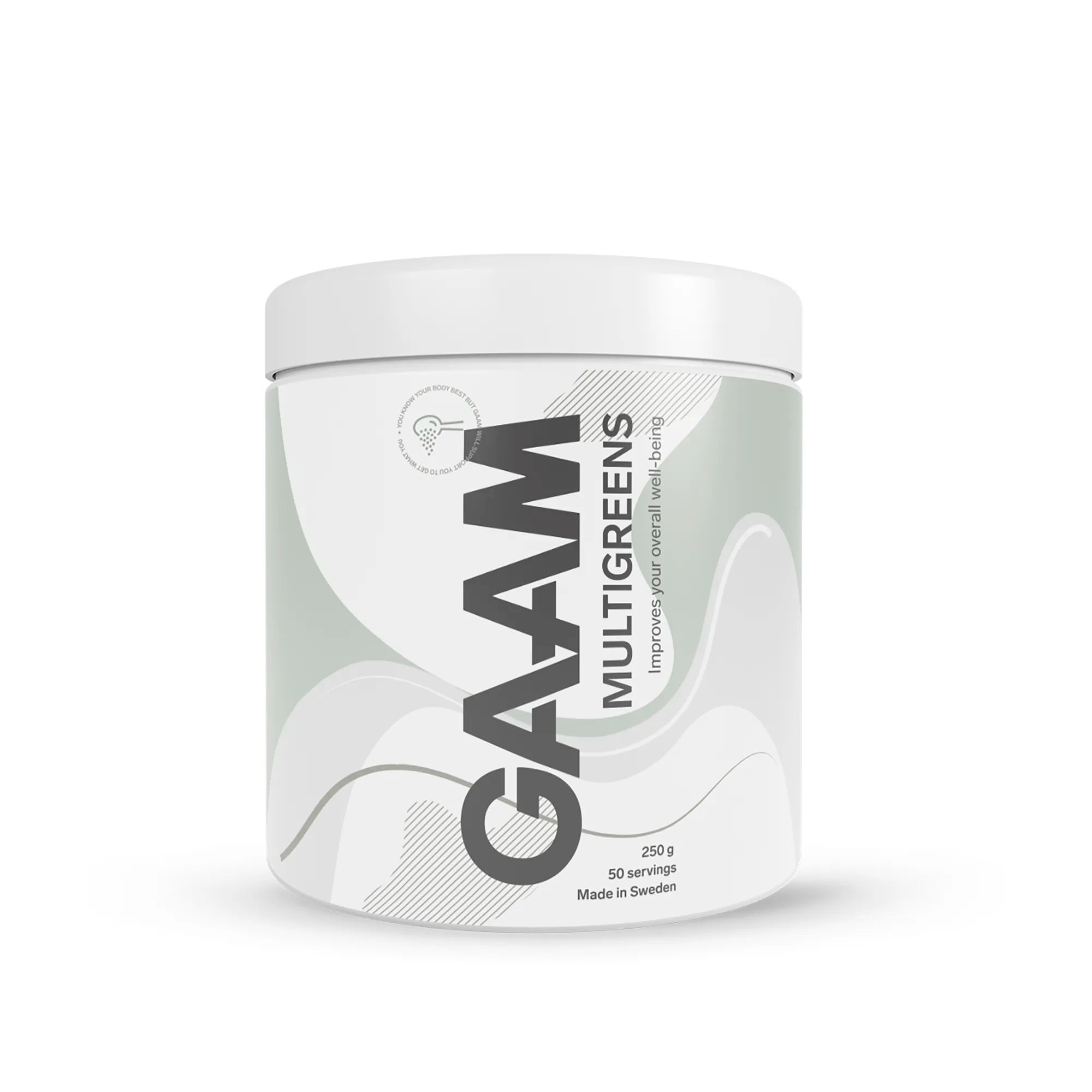 GAAM Multigreens 250 g greenspulver i en stilren vit burk med ljusgröna och grå detaljer.
