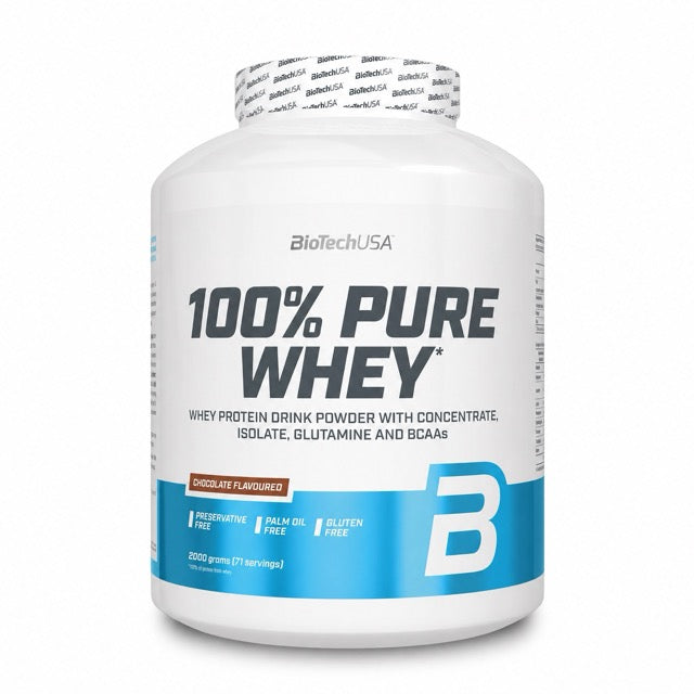 BioTechUSA 100% Pure Whey 2 kg proteinpulver i en vit och blå burk för smaken Chocolate., bild 1 av 1