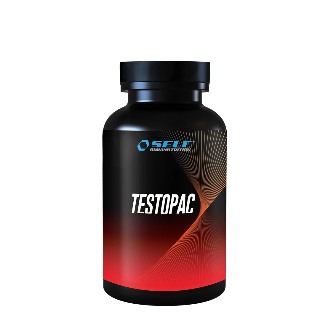 Self Omninutrition TestoPac 120 caps testosteronhöjare i en svart burk med röda grafiska detaljer.