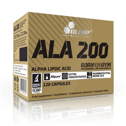 Olimp ALA 200 120 caps antioxidant i kapselform, förpackad i en guldfärgad kartong med svarta detaljer.