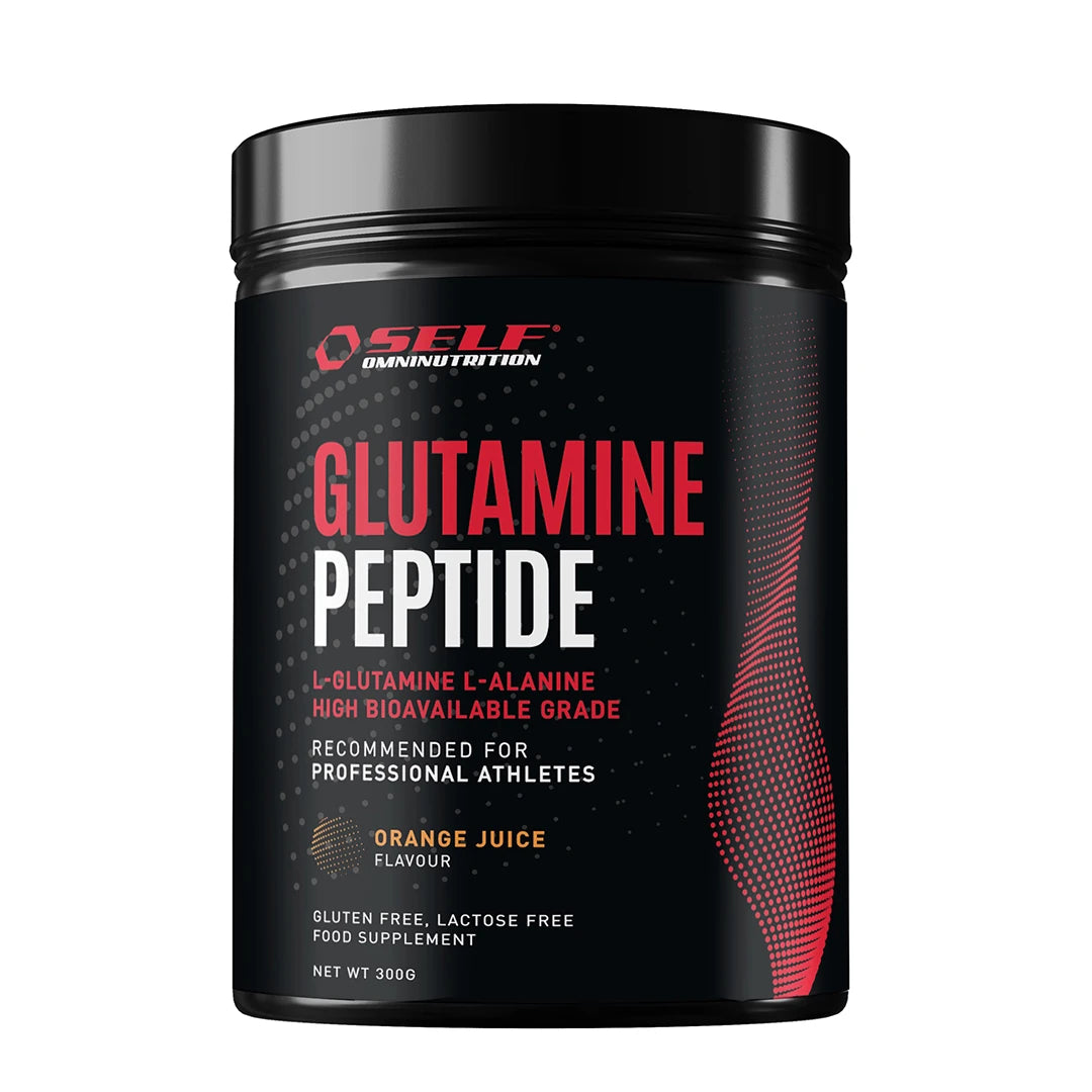 Self Omninutrition Glutamine Peptides 300 g aminosyratillskott i en svart burk med röda detaljer och apelsinsmak.