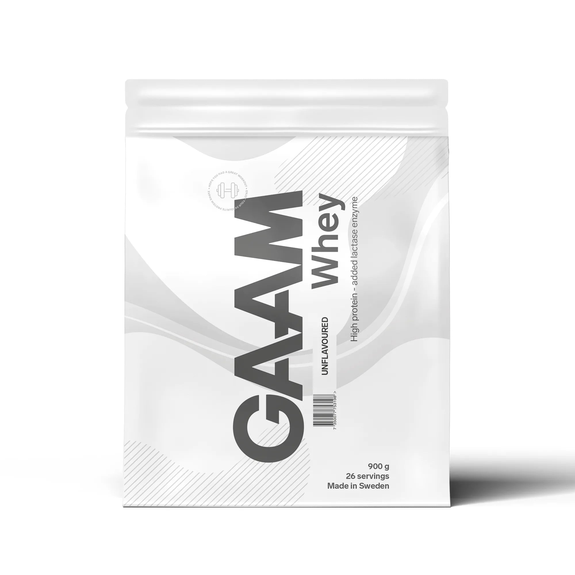 GAAM Whey 900 g proteinpulver i en vit påse för varianten Unflavoured.