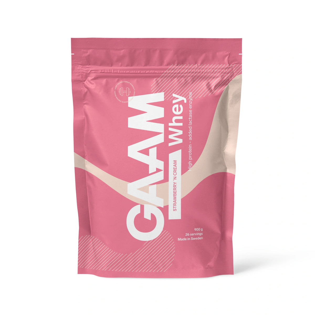 GAAM Whey 900 g proteinpulver i en rosa påse med beiga detaljer för smaken Strawberry 'N Cream., bild 17 av 17