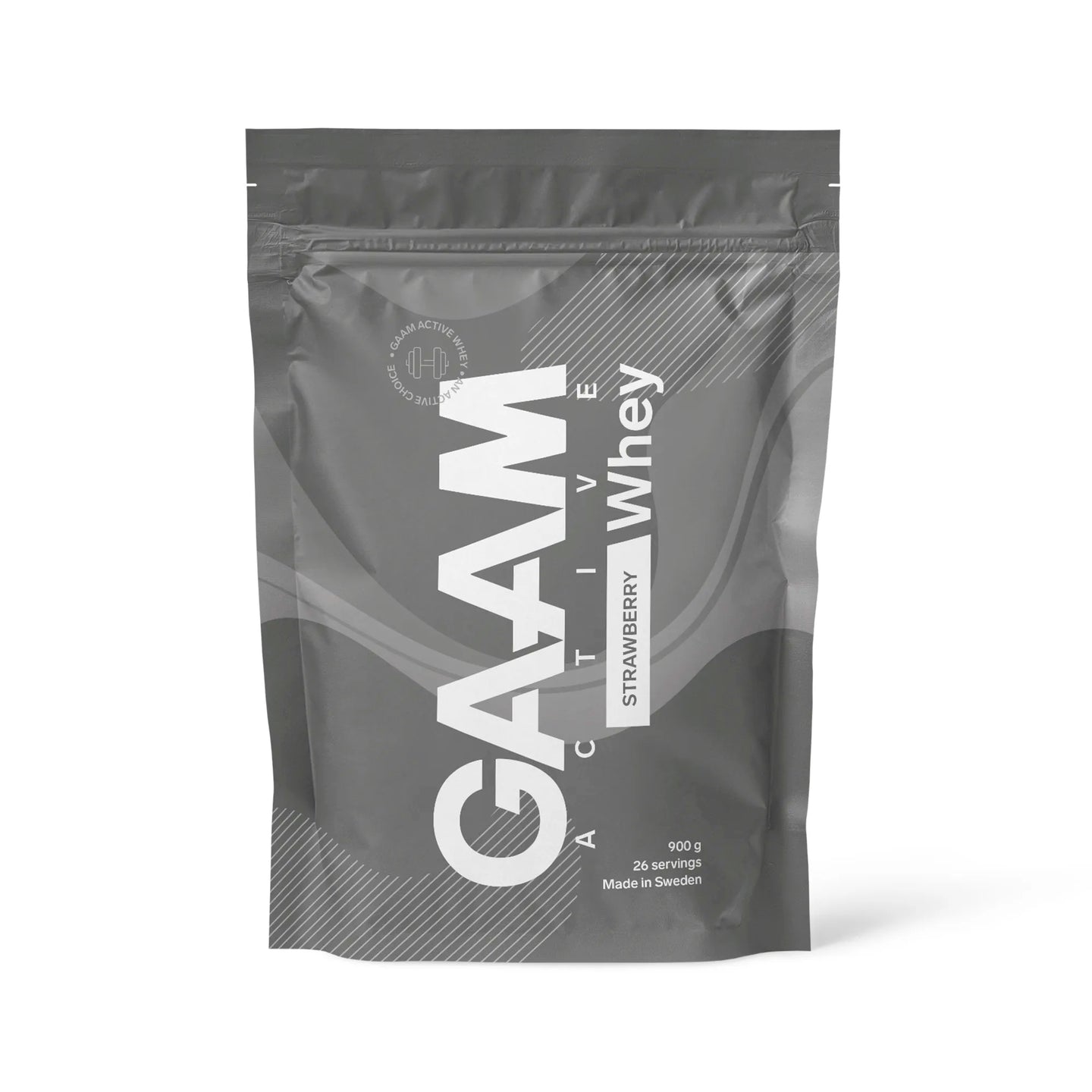 GAAM Active Whey 900 g proteinpulver i en grå påse med vita detaljer för smaken Strawberry., bild 3 av 3