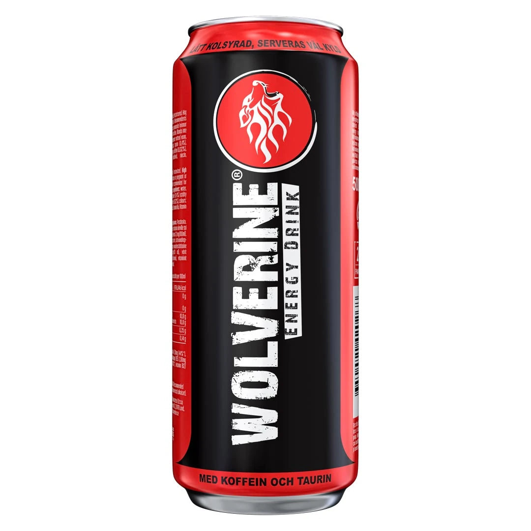 Wolverine Energy Drink 500 ml i en svart och röd burk med vit logotyp och text.