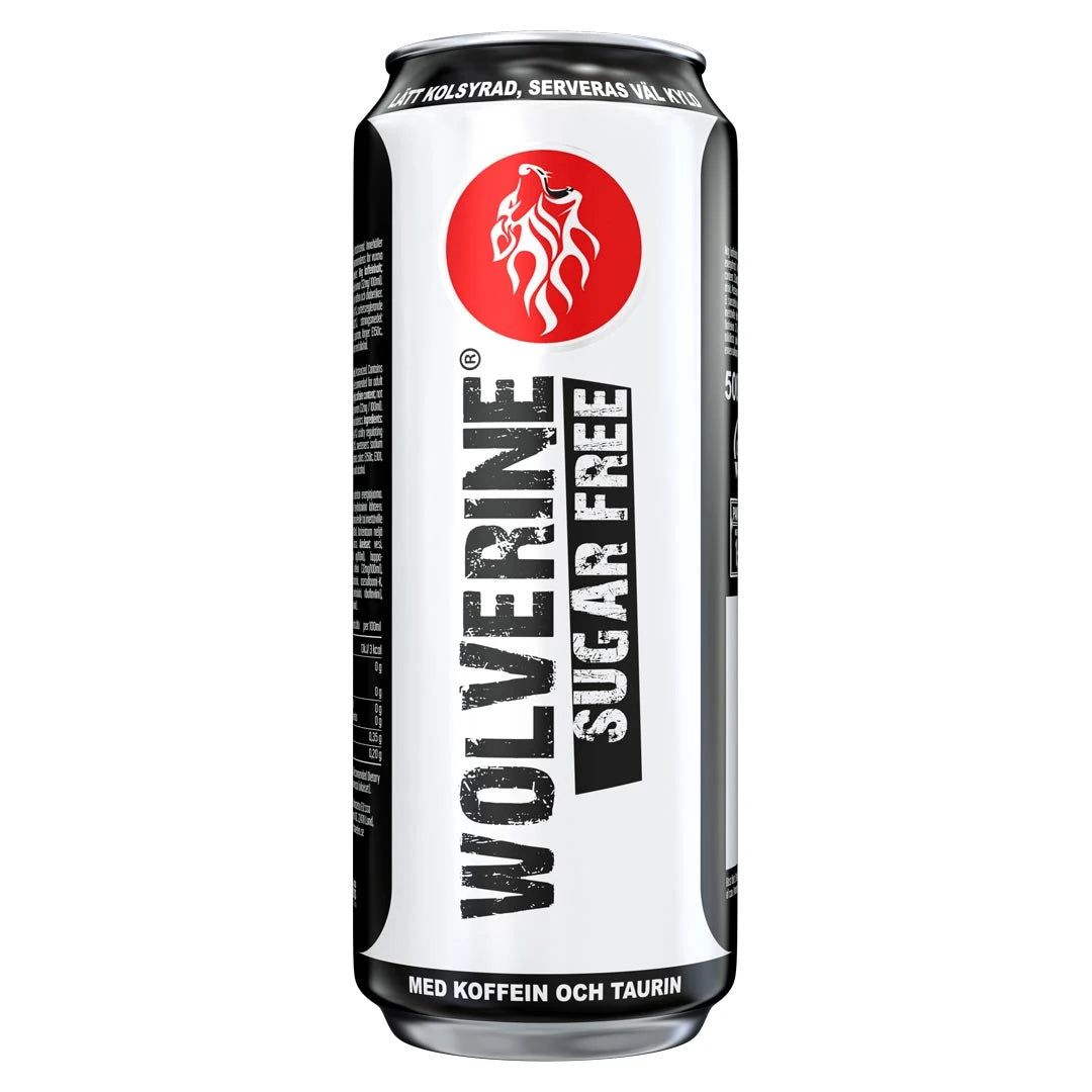 Wolverine Energy Drink 500 ml i en vit och svart burk med röd logotyp för smaken Sugarfree., bild 3 av 3