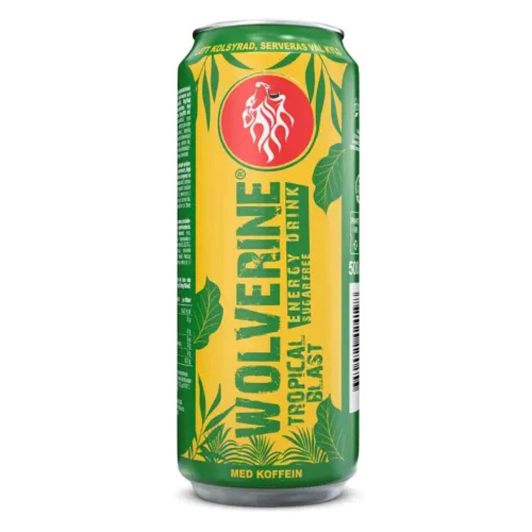 Wolverine Energy Drink 500 ml i en gul och grön burk med tropiskt mönster för smaken Tropical Blast Sugarfree.