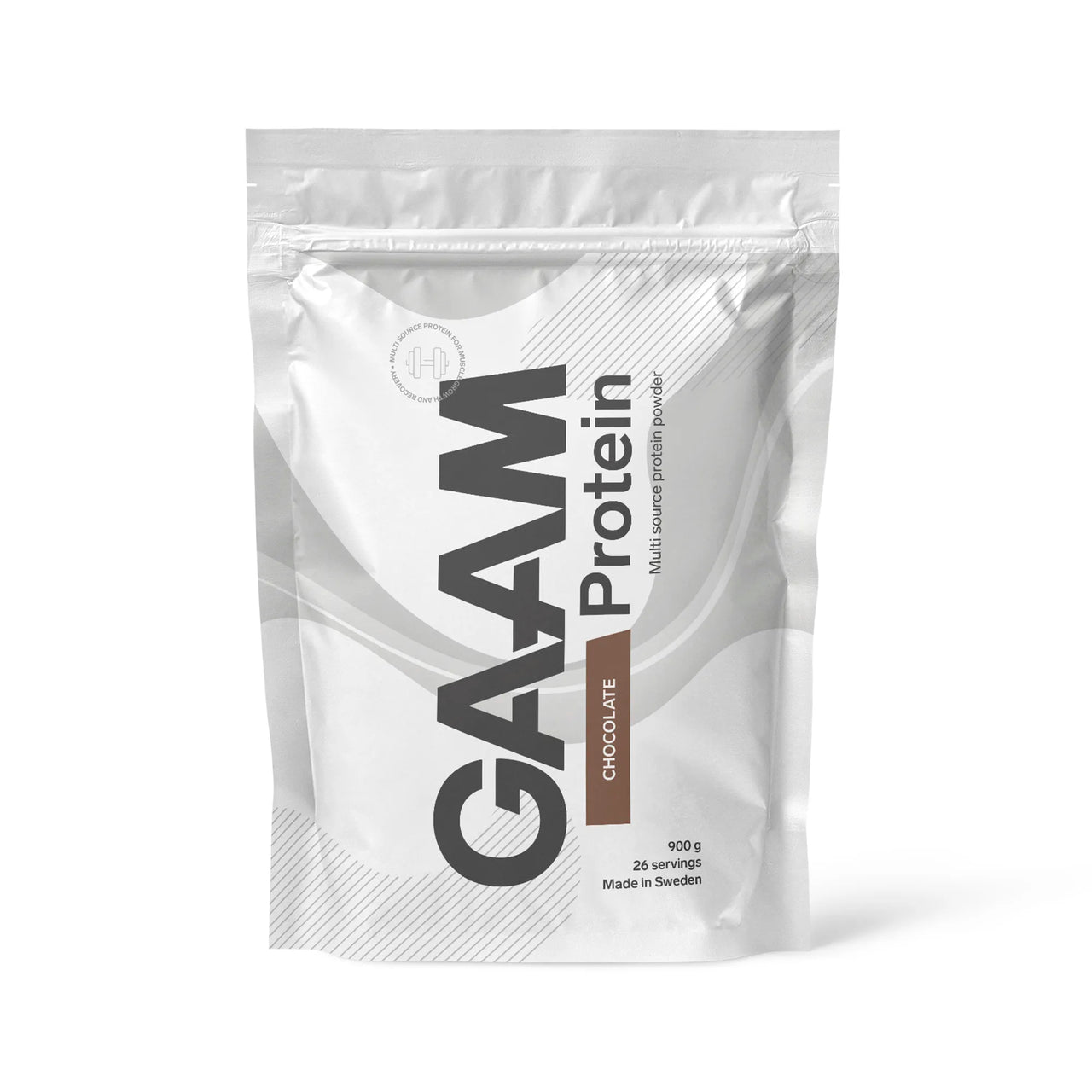GAAM Protein 900 g proteinpulver i en vit påse med bruna detaljer för smaken Chocolate.