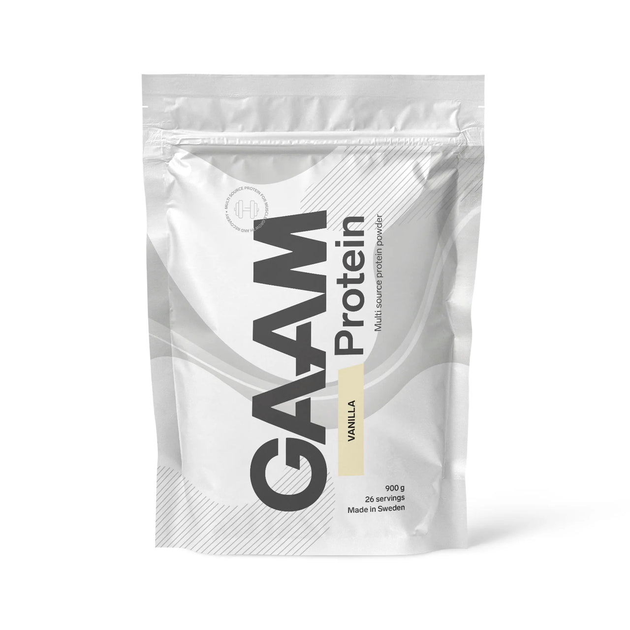 GAAM Protein 900 g proteinpulver i en vit påse med ljusgula detaljer för smaken Vanilla.