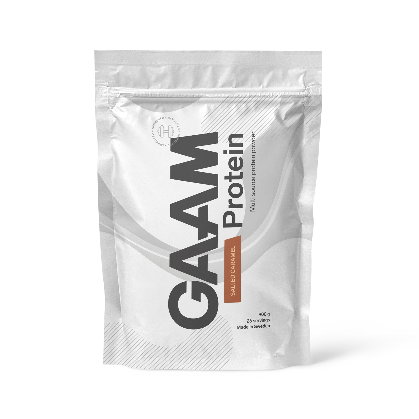 GAAM Protein 900 g proteinpulver i en vit påse med bruna detaljer för smaken Salted Caramel., bild 4 av 4