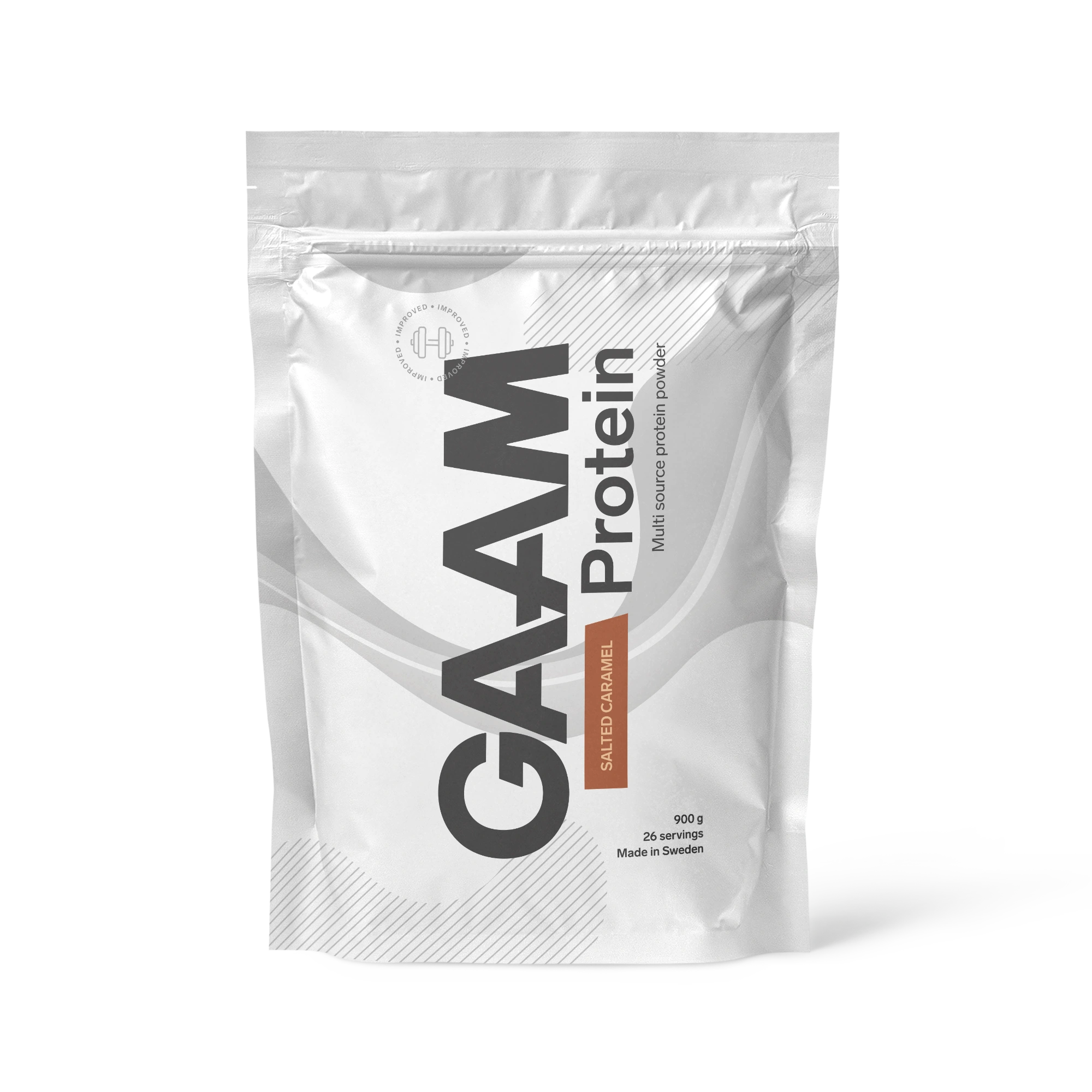 GAAM Protein 900 g proteinpulver i en vit påse med bruna detaljer för smaken Salted Caramel., bild 4 av 4